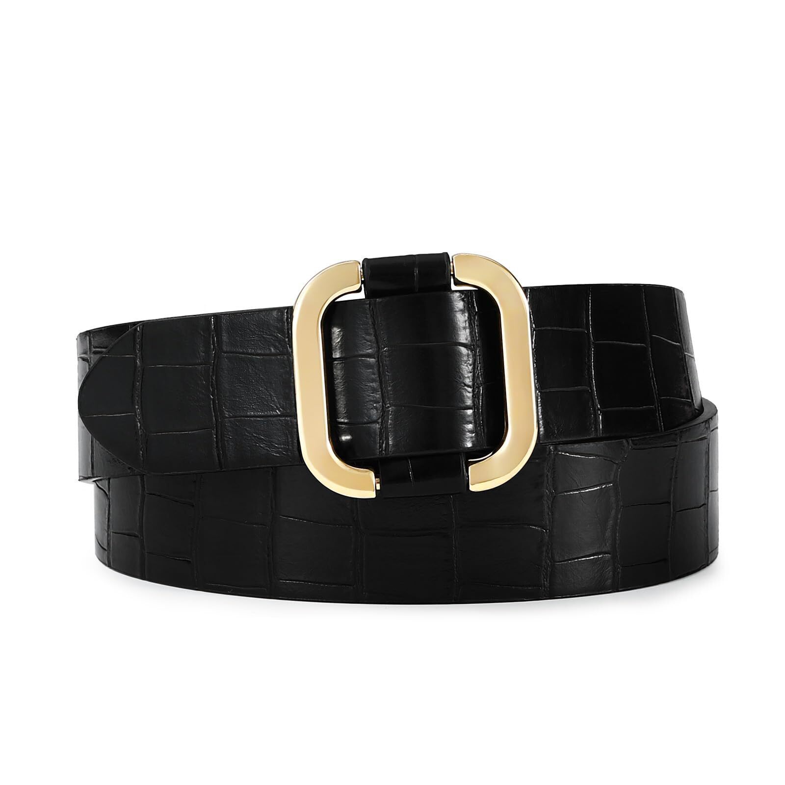 6145 Womens Black Crocodile Belt Synthetic Leather With Gold Buckle